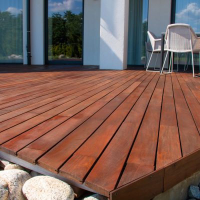 Ipe wood deck, modern house design with wooden patio, low angle view of tropical hardwood decking